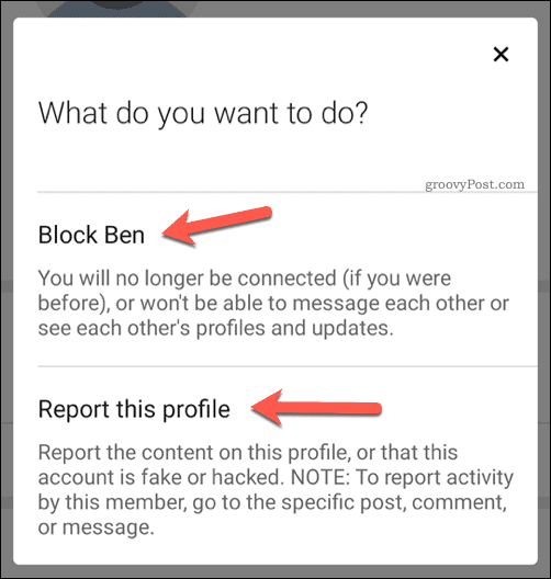 Väljer att blockera eller rapportera en användare i LinkedIn