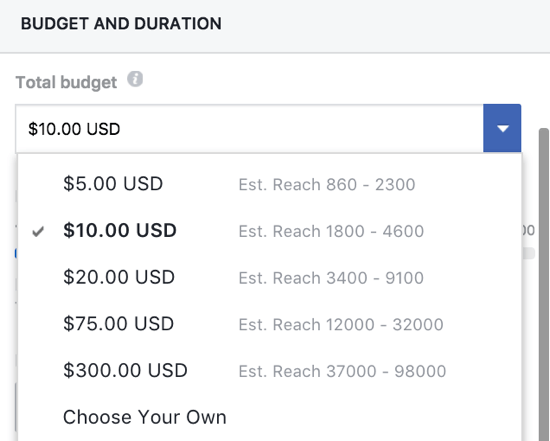 Du kan ställa in en budget manuellt för ditt Facebook-förstärkta inlägg.