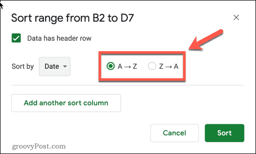 Sorterar data i stigande ordning i Google Sheets