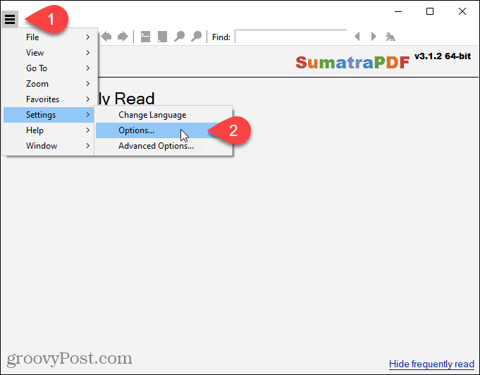 Gå till Inställningar> Alternativ i SumatraPDF