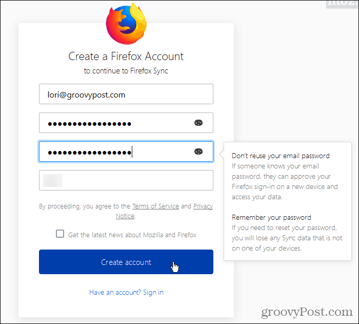 Skapa ett Firefox Sync-konto