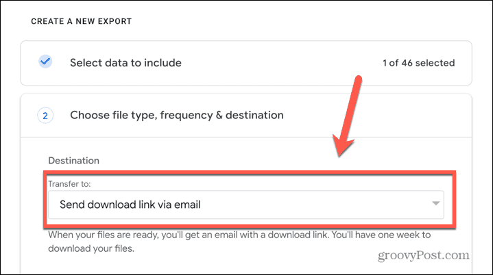 google takeout transfer till rullgardinsmenyn