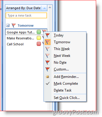 Uppgiftsfält i Outlook 2007 - Högerklicka på flaggan för menyn Alternativ