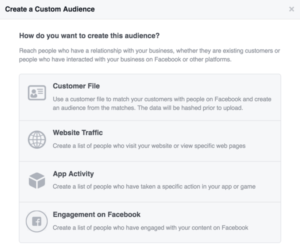 Välj den källa du vill använda för din anpassade publik på Facebook.
