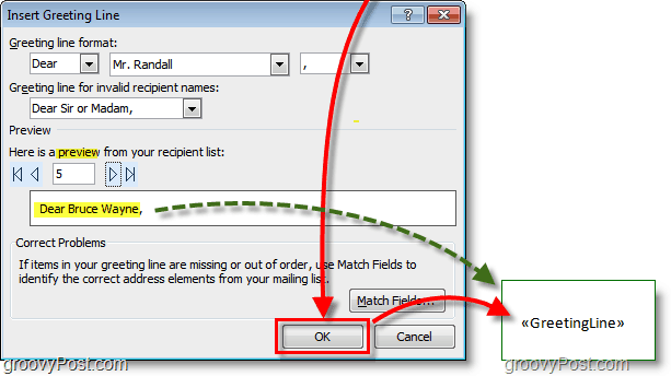 Outlook 2010 skärmdump - se standardalternativen för hälsningslinjer och klicka på OK, en förhandsgranskning visas också