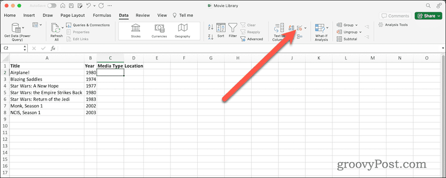 Datavalideringsknapp i Data Ribbon i Excel