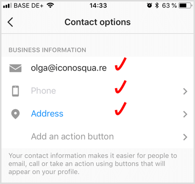 lägg till kontaktinformation för ett Instagram-företagskonto