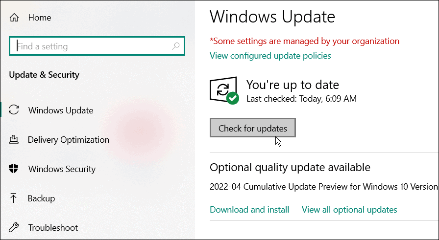 leta efter uppdateringar för windows 10