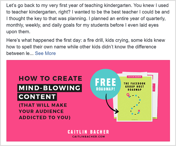 Ett Facebook-inlägg från Caitlin Bacher som visar ett erbjudande om hennes gratis Facebook Group Roadmap. Erbjudandebilden har mestadels svart text på rosa bakgrund. Texten Gratis färdplan visas i en ljusblå cirkel och pekar på ett omslag på färdplanen.