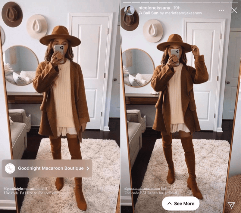 instagram post och instagram stories post från @nicoleneissany som marknadsför @goodnightmacroon och några av deras höstmode