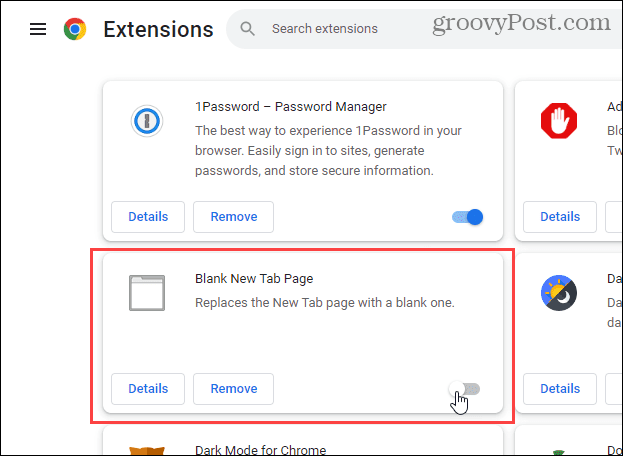 Inaktivera tillägget Blank New Tab Page i Chrome