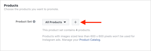 Välj de produkter du vill marknadsföra i din Facebook-kampanj för dynamiska annonser.