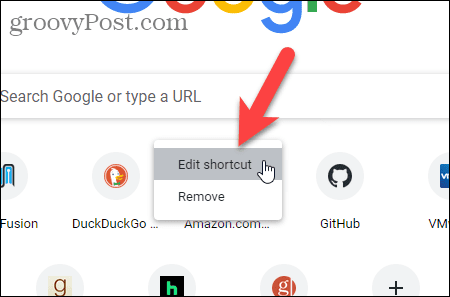 Välj Redigera genväg på sidan Ny flik i Chrome