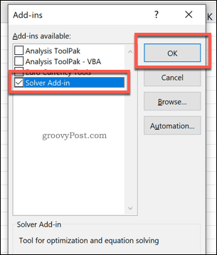 Aktivera tillägget i Excel Solver