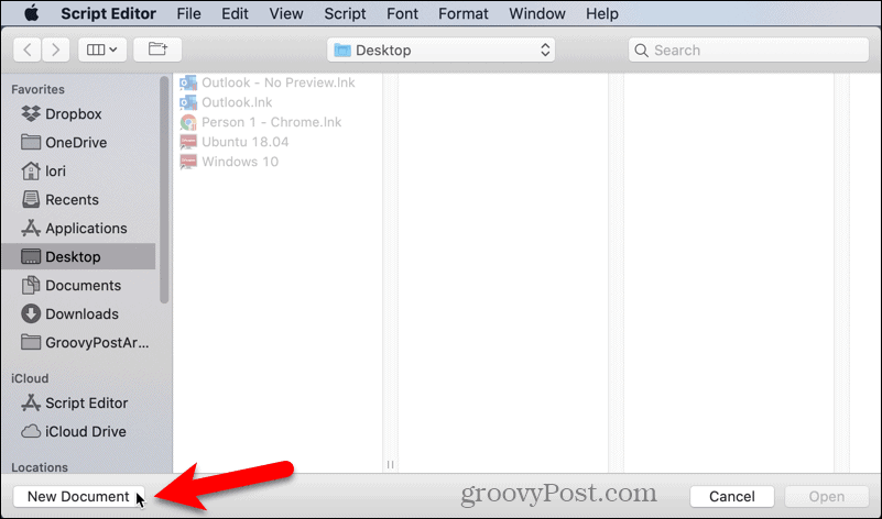 Öppna ett nytt dokument i Script Editor på Mac