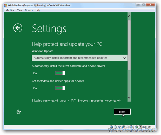 VirtualBox Windows 8-inställningar och uppdatering
