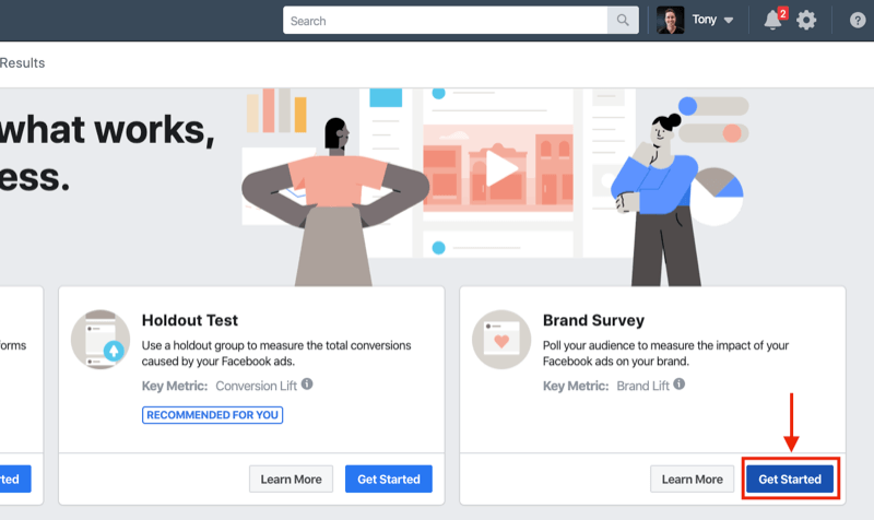 Kom igång-knappen för varumärkesundersökning för Facebook-experiment