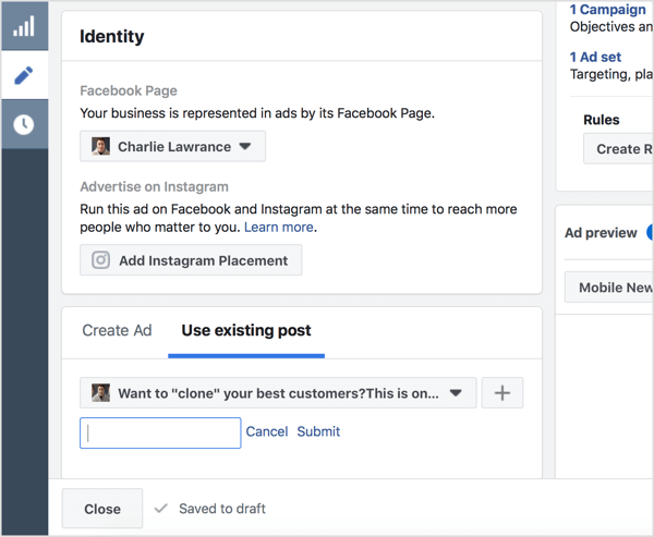 Välj Använd befintligt inlägg och ange ID för Facebook-inlägg.