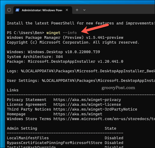 Winget info kommando