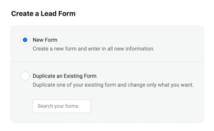 Facebook-leadannonser skapar nytt leadformulär med det nya formuläralternativet valt