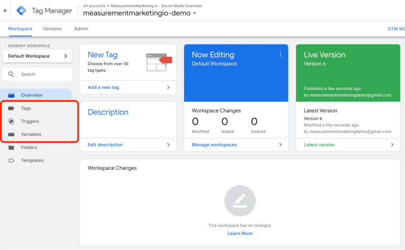 exempel google tag manager dashboard med menyalternativ för taggar, utlösare och variabler markerade