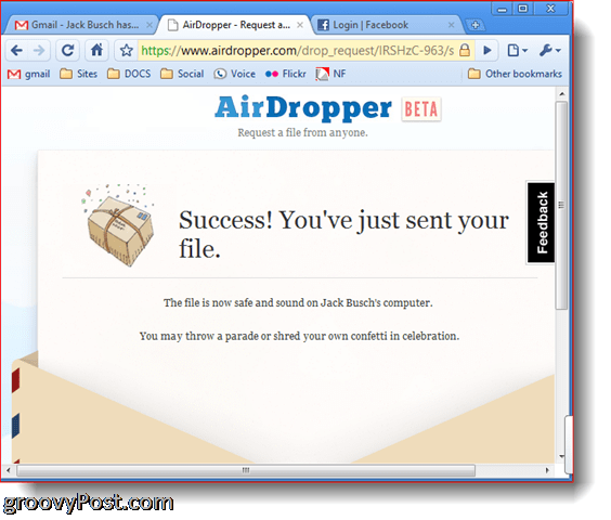 Dropbox Airdropper-bildskärm framgångsfilen har skickats