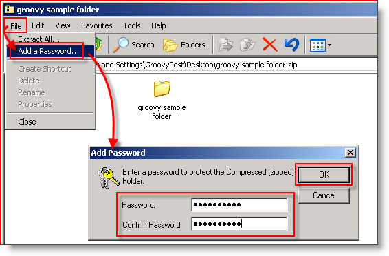 Inbyggd komprimering Windows XP - Lägg till lösenord