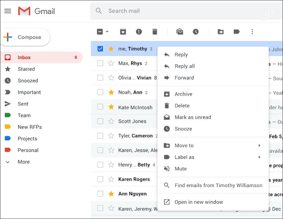 Gmail högerklick snabbmenyn