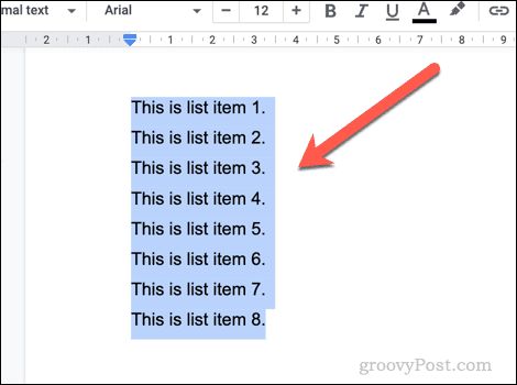 Markerad text i Google Dokument för användning som en lista.