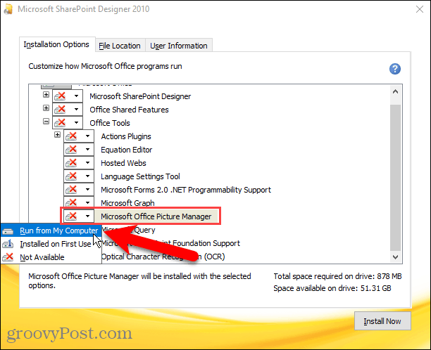 Aktivera Kör från min dator för Microsoft Office Picture Manager i Sharepoint Designer-installationen