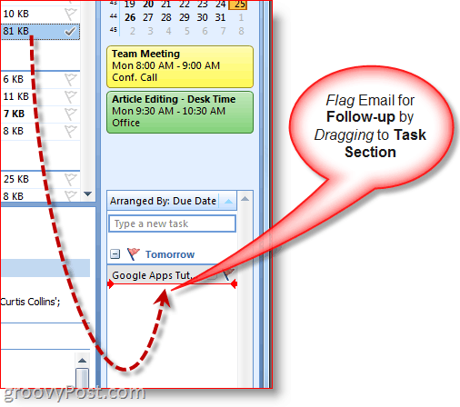 Uppgiftsfält i Outlook 2007 - Dra e-post för att skapa en uppgift