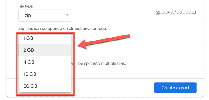 google takeout exportstorlek