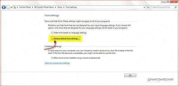 Återställ Windows 7-teckensnitt till standardinställningarna