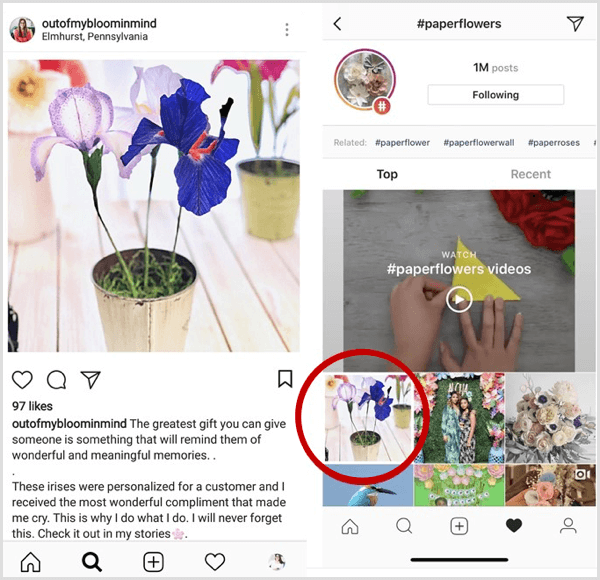 exempel på Instagram-inlägg som visas först i sökresultaten för en specifik hashtag