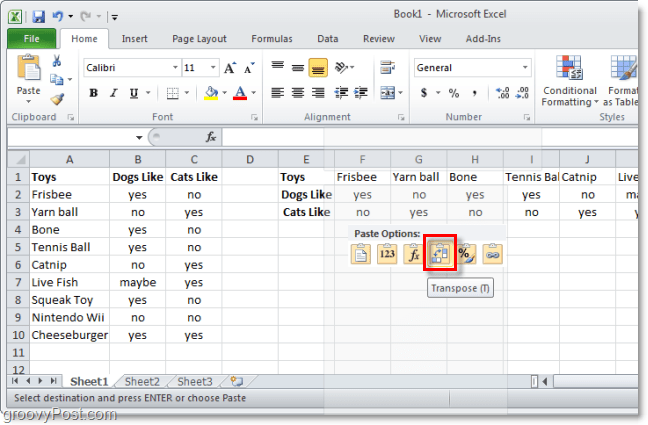 klistra in i Excel med hjälp av transponering