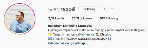 Exempel på Instagram Business-profilbild och bioinformation av @tylerjmccall.