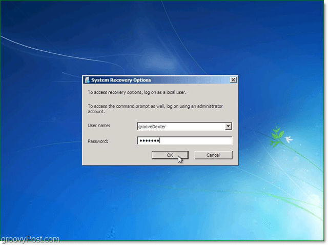 Ange ditt användarnamn och lösenord för Windows 7-systemåterställning