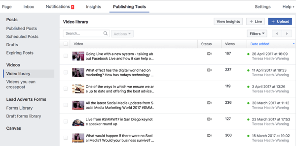 Du kan komma åt ditt kompletta Facebook-videobibliotek under Publishing Tools.