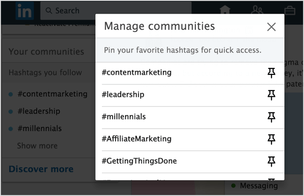 Klicka på stiftikonen bredvid LinkedIn-hashtags som du vill lägga till för att fästa i din lista.