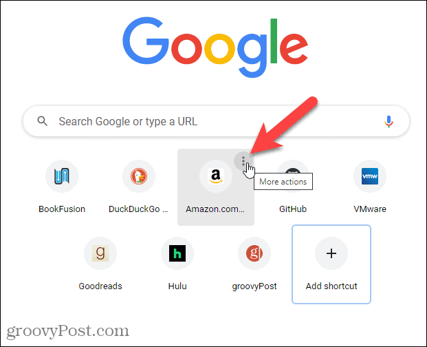 Klicka på Fler åtgärder på en genväg på sidan Ny flik i Chrome
