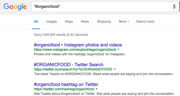 Använd Google-sökning för att undersöka hashtags.