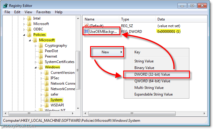 bläddra till Windows 7-registernyckel HKEY_LOCAL_MACHINESOFTWAREPoliciesMicrosoftWindowsSystem