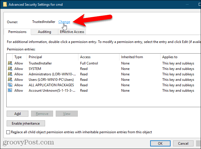 Klicka på Ändra länken för ägaren av en nyckel i Windows-registret