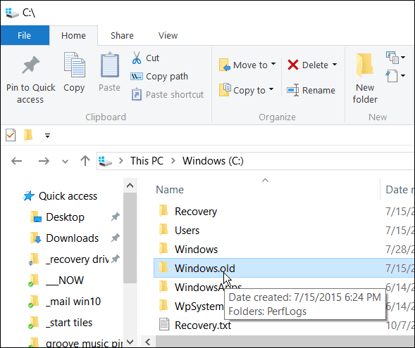 Ta inte bort Windows.old om du vill återgå från Windows 10 till en tidigare version under de första 30 dagarna