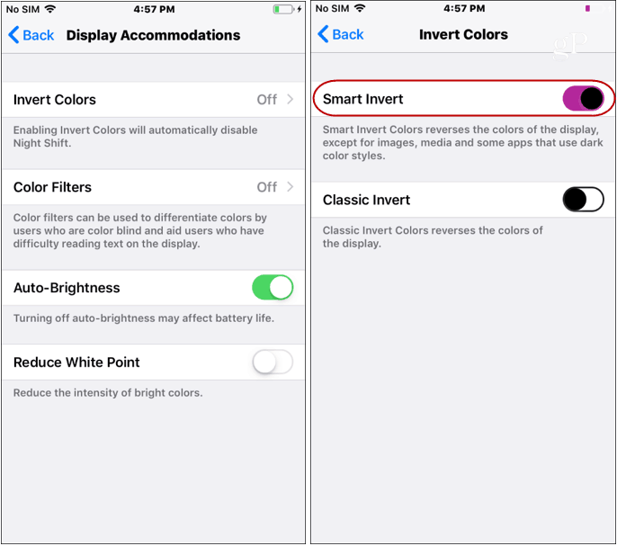 iOS Dark Mode-inställningar inverterar färger