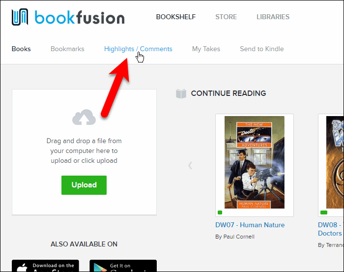 Klicka på Höjdpunkter / kommentarer i webbgränssnittet BookFusion