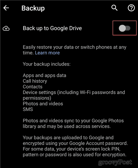 Android Backup-inställningar backup för att köra