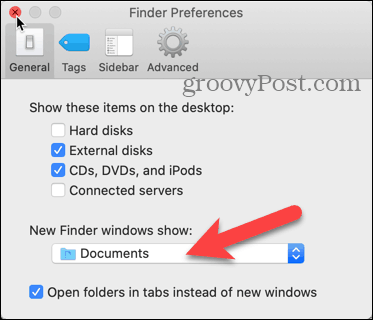 Klicka på rullgardinsmenyn New Finder-fönster i Finder-inställningar på din Mac