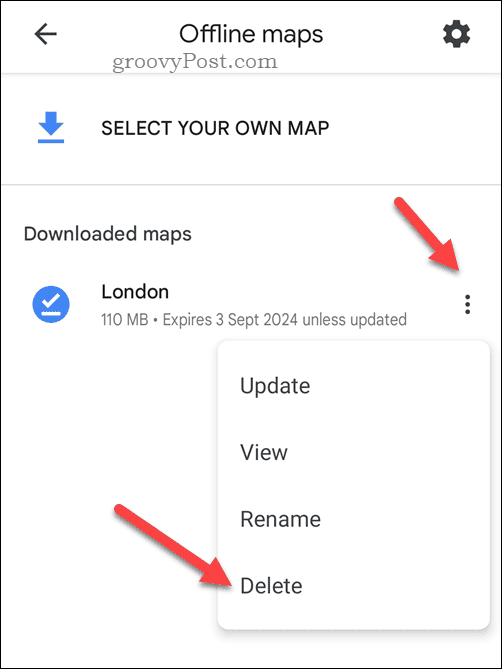 Ta bort en offlinekarta från Google Maps