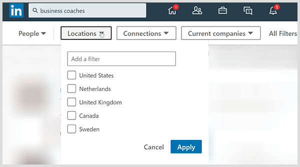 LinkedIn-sökresultatsidan har filter för platsanslutningar och företag.
